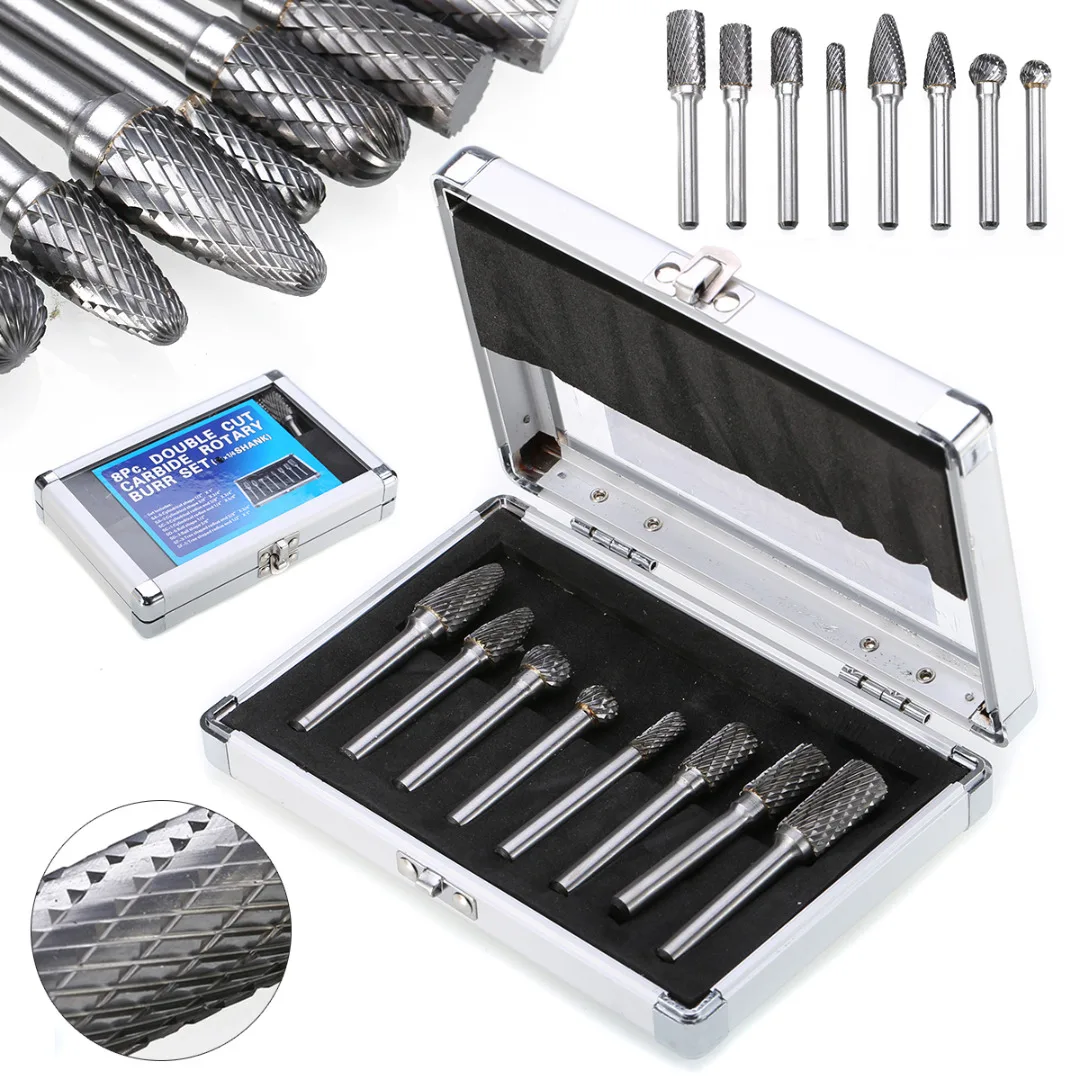 

8pcs/set 1/4'' Shank Double Cut Carbide Burr Die Grinding Rotary Bit Set Abrasive Tools W/Case