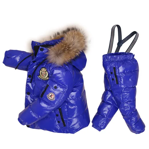 Лыжный костюм для девочек и мальчиков комплект зимней одежды для детей, куртка для девочек и мальчиков куртка+ комбинезон Теплый ветрозащитный зимний комбинезон, Одежда для новорожденных девочек - Цвет: Синий