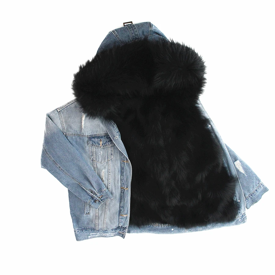 Женская одежда, Корейская джинсовая парка, зимняя куртка, пальто с натуральным мехом енота, воротник из настоящего толстого теплого лисьего меха, верхняя одежда - Цвет: black fox fur
