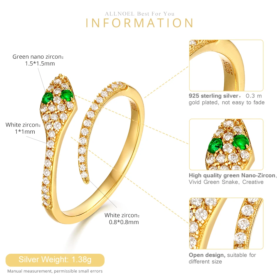 Koop ALLNOEL 2019 Nieuwe Massief 925 Sterling Zilveren Ring Voor Vrouwen Green Zirkoon Diamond Snake Ringen Open Ontwerp Luxe Gouden Fijne sieraden