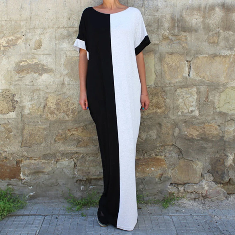 

Large Size Maxi Summer Dress Muslim Women Loose Causal Splice Black and White Female Spring Vestido Robe Femme Long Dress W1022