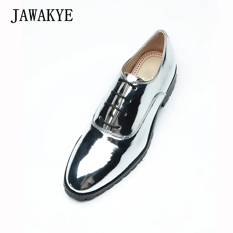 

JAWAKYE Round toe Men Dress Shoes leather Flat heel Lace up Solid Silver Mirror PU leather Formal Groom Wedding Shoes Men