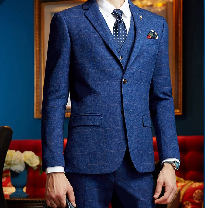 Высокое качество синий клетчатый костюм мужской костюм жениха комплект мужской Весенний костюм из 3 предметов для свадьбы(пиджак/жилет/брюки