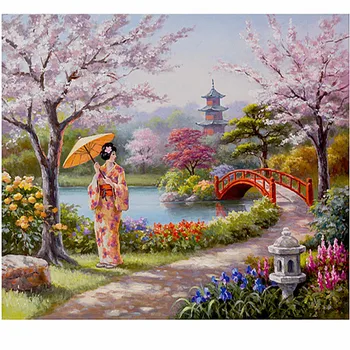 

DIY Woman under cherry blossoms diamond painting mosaic painting cross stitch crystal round diamond sets Plastic Crafts