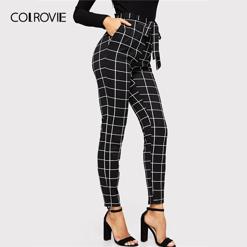Черные клетчатые облегающие брюки COLROVIE с поясом для работы на зиму женские
