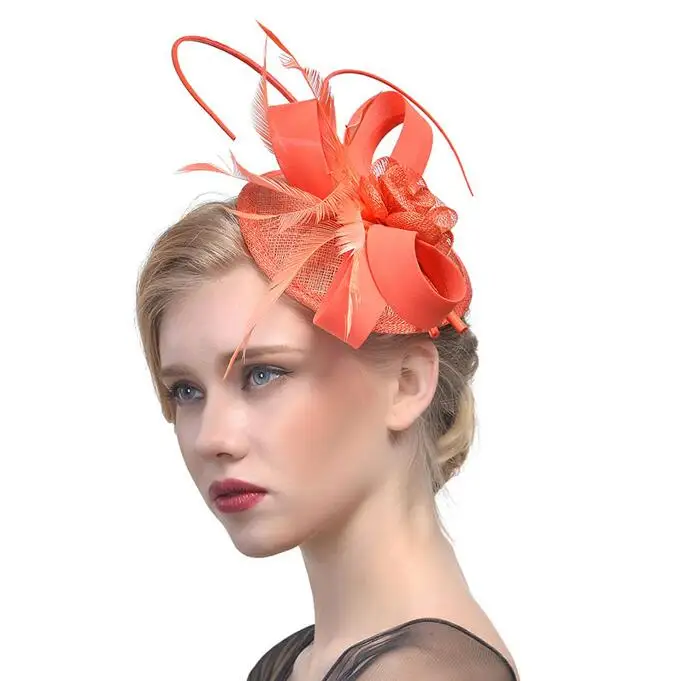 Красные/белые/черные шляпы Sinamay Королевский fascinators Свадебные гонок коктейль чародей женщины белье перо шляпа вечерние аксессуары для волос - Цвет: Coral red