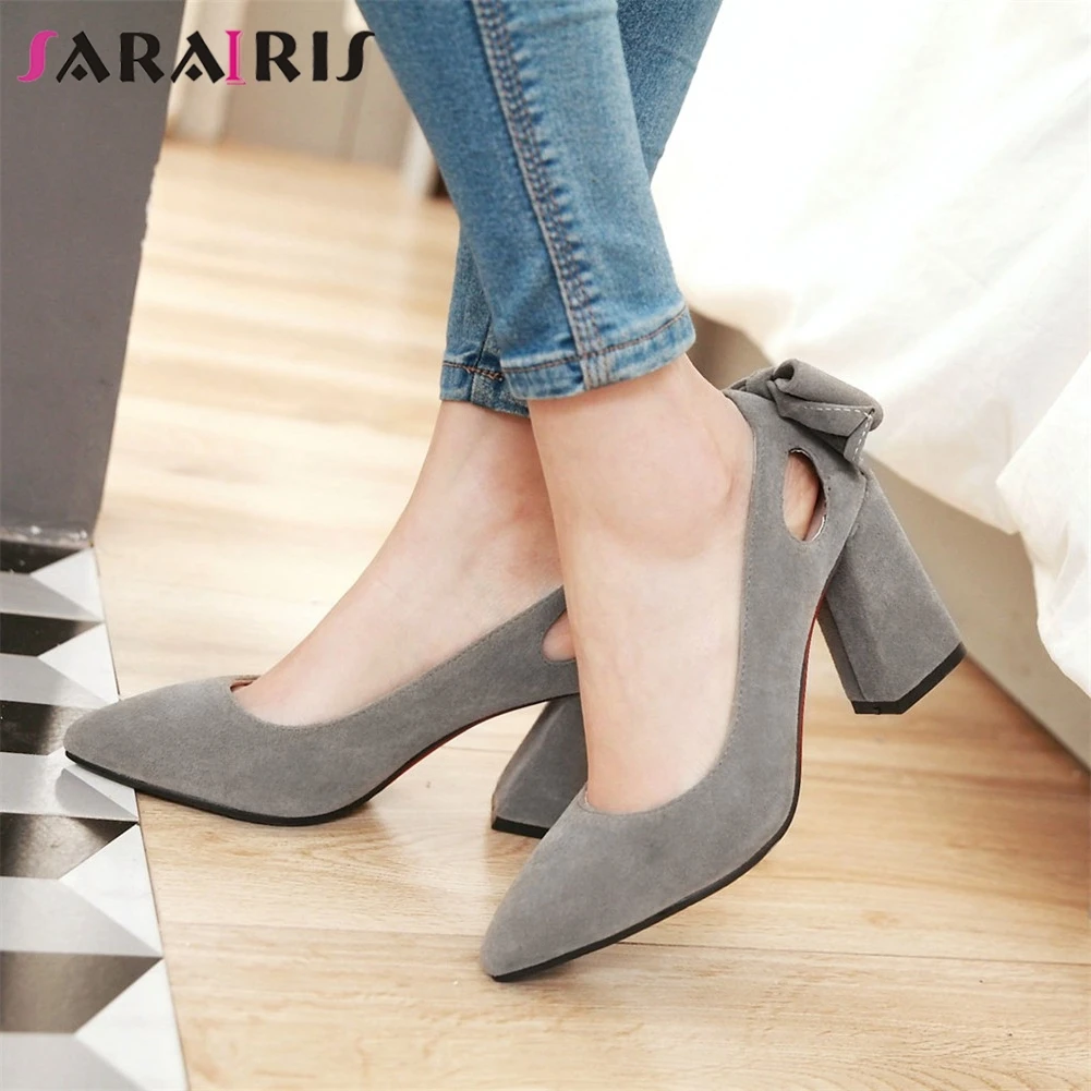 

SARAIRIS Big Size 34-43 Brand Design Square High Heels Shoes Pointed Toe Bowtie Shoes Woman Casual Office Retro Pumps Black