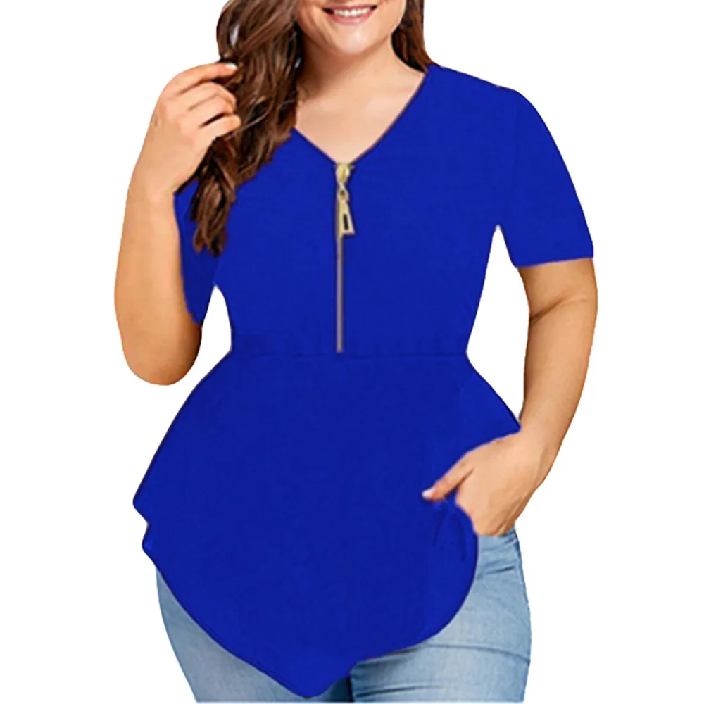 Летние топы размера плюс 5XL для женщин, топы и блузки, элегантные однотонные рубашки на молнии, туника, Женский Топ, женская одежда - Color: Blue