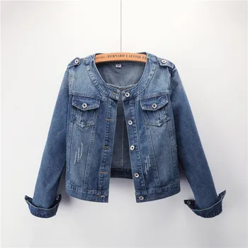 

Plus Size Round Collar Jeans Jacket 4XL 5XL Sweet Women Light Blue Bomber Short Denim Jackets Long Sleeve Jaqueta Casual Coa