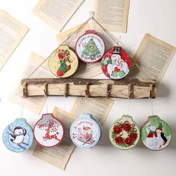 

Christmas Round Candle Biscuit Cookie Storage Box Hanging Tree Tin Tea Coin Container Case Organizer