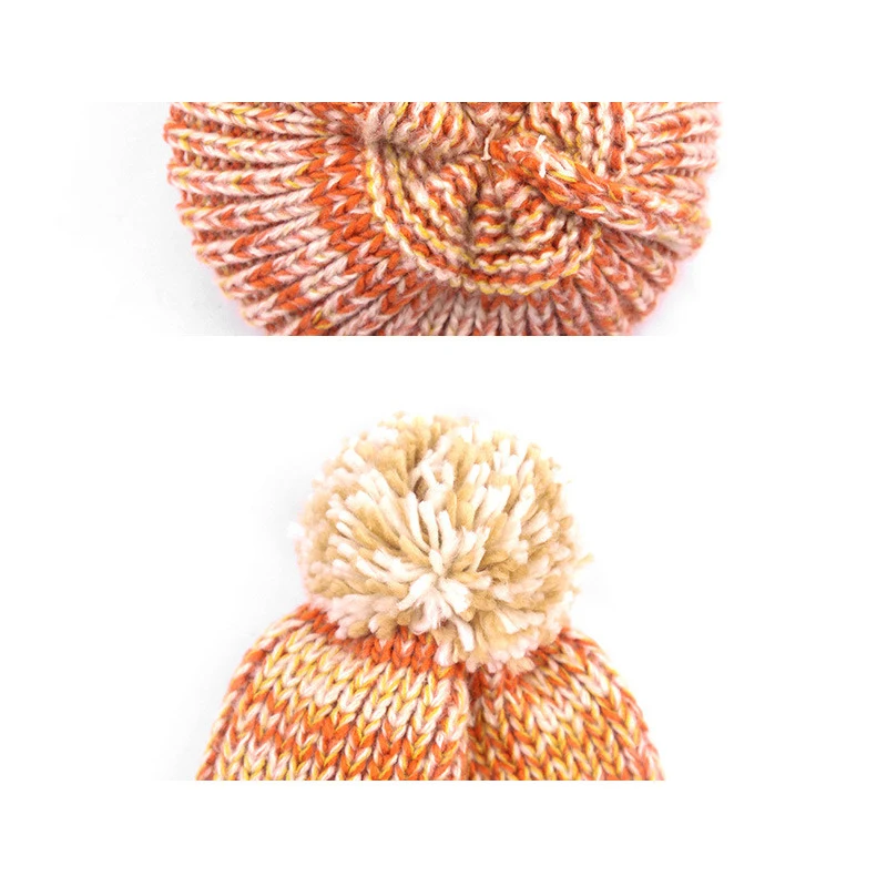 Новые зимние двойные шапочки в несколько слоев, Женская Шапка-бини, модная утолщенная Вязаная Шерстяная Шапка оранжевого цвета для девочек, шапки с помпонами HC08