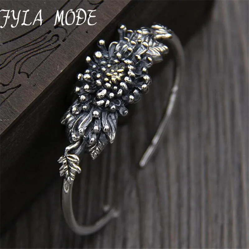 

Fyla Mode Real 925 Silver Flower Bangle Handmade Pure S925 Antique Thai Sterling Silver Bangles for Women Men Jewelry 20mm 24.20