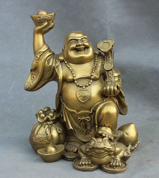 

China Buddhism Brass Wealth Bag RuYi Toad Happy Laughing Maitreya Buddha Statue