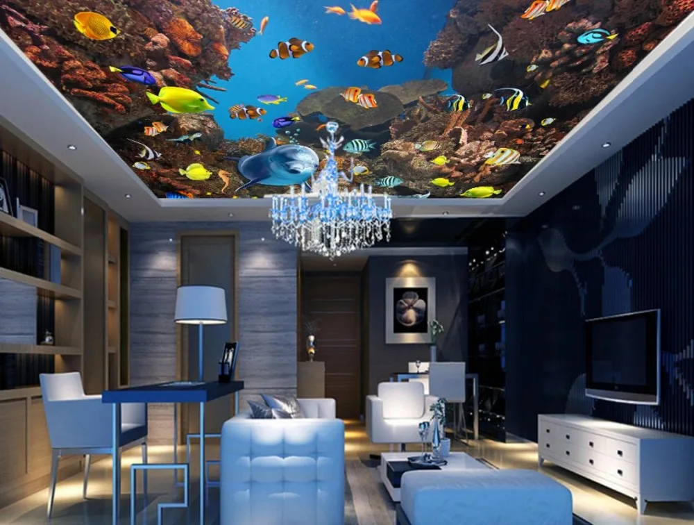 

3D Wallpaper For Ceiling European Style Underwater World fish 3d Stereoscopic Wallpaper For Kids Room Soundproof Ceilings
