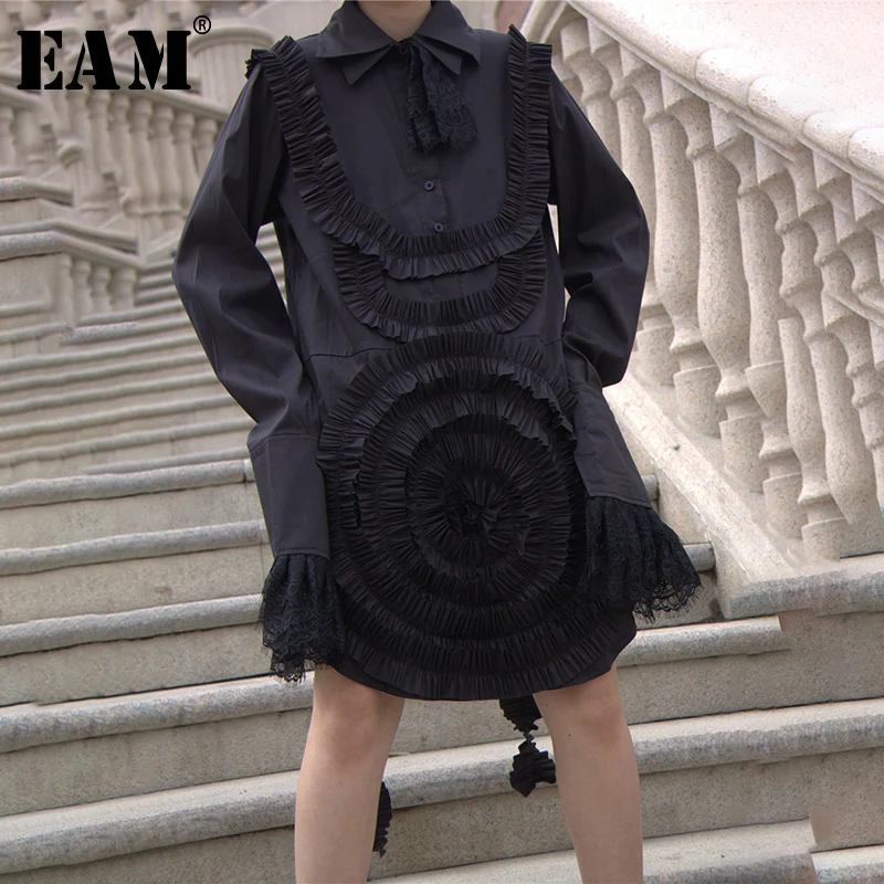 

[EAM] 2019 New Autumn Winter Lapel Long Sleeve Temperament Ruffles Split Lace Loose Big Size Shirt Women Blouse Fashion JU108