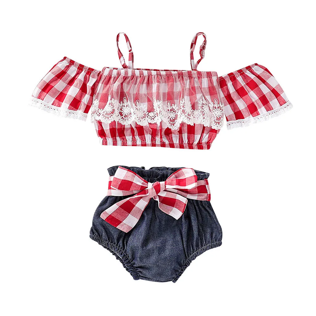 

Toddler Baby Girls Summer Outfits Sets Off Shoulder Plaid Straps Lace Tops+Bow Shorts Infant Clothing Outfits Set Sunsuit