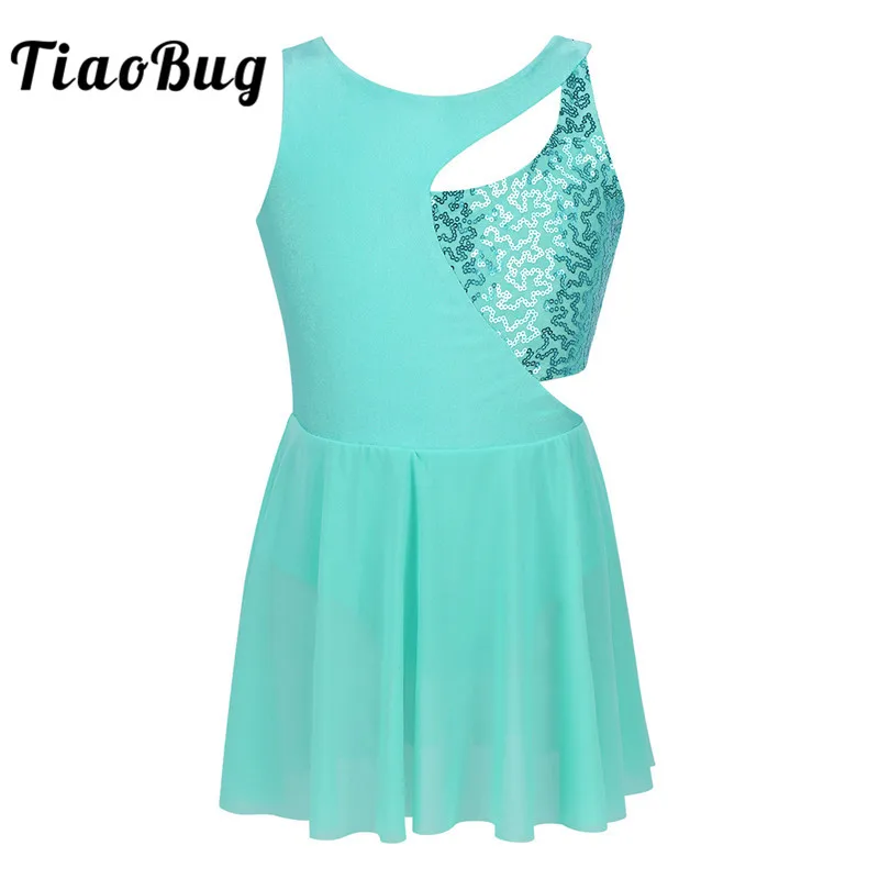 

TiaoBug Kids Teens Shiny Sequins Sleeveless Asymmetrical Figure Ice Skating Dress Ballet Gymnastics Leotard Girls Dance Costume
