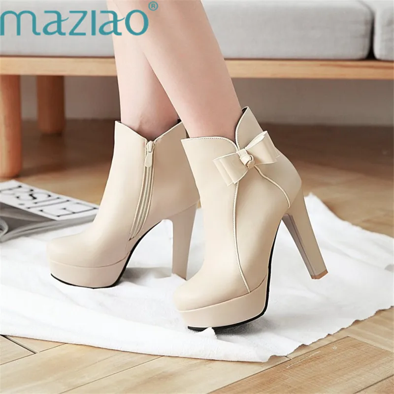 

New Autumn Butterfly-knot High Quality Solid Color Side Zipper Round Toe Ladies Shoes Platform Fashion Boots MAZIAO