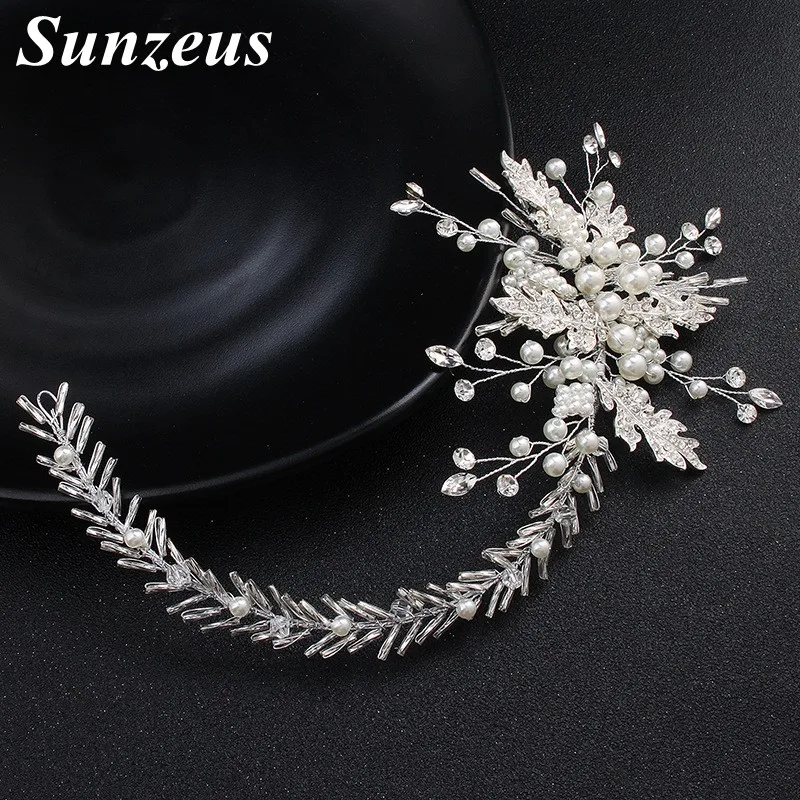 

Pearls Leaves Flower Sharp Bride Headband 2018 Sliver Hair Long Hair Band Girls Hair Decoration SHA24