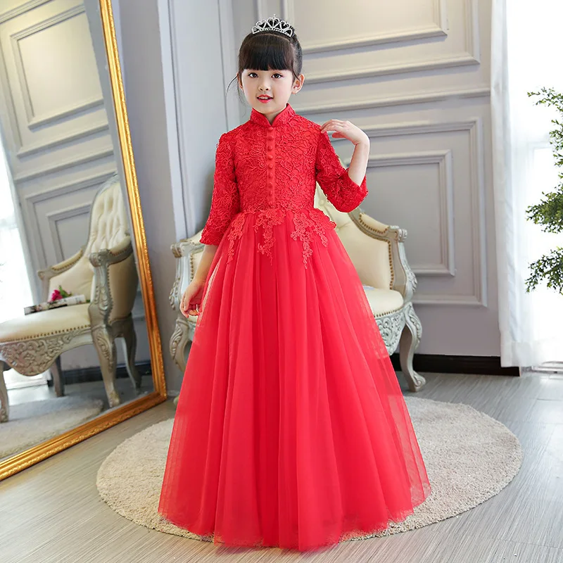 Children Princess Dresses Girl Lace Cheongsam Winter Qipao Red Evening