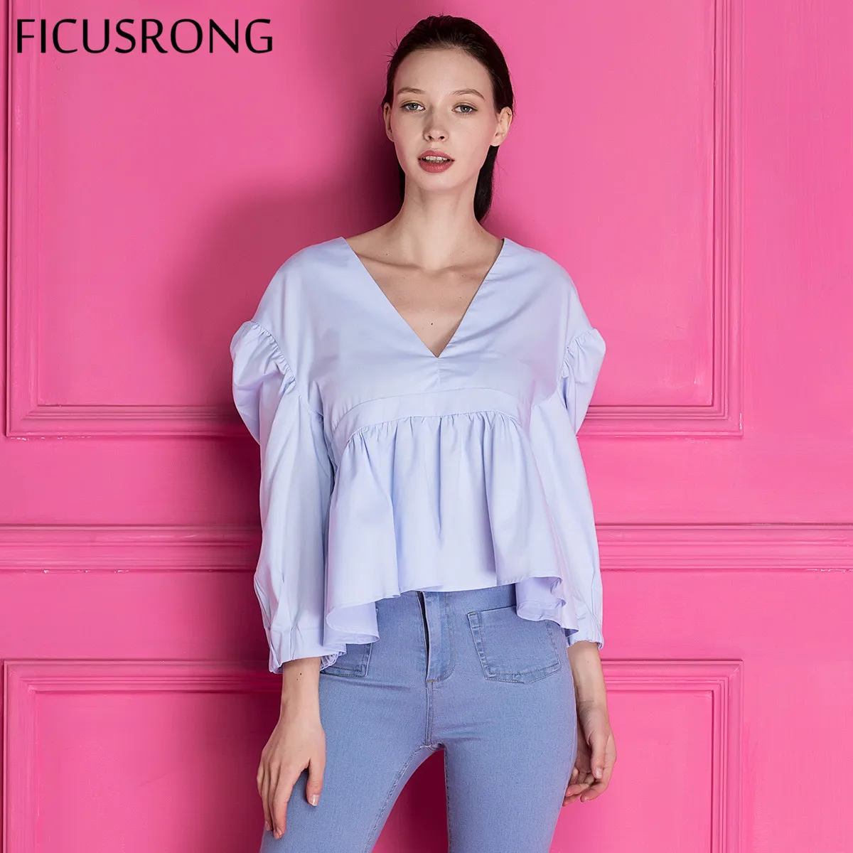 

Spring Causal Women Ruffled Top Shirt Blouse Female Vintage Solid V Neck Shirts Long Puff Sleeve blusas tops FICUSRONG
