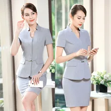 Novelty Grey Slim Fashion Summer Short Sleeve Skirt Suits With Tops And Skirt For Ladies Blazers Beauty Salon Work Wear Outfits
