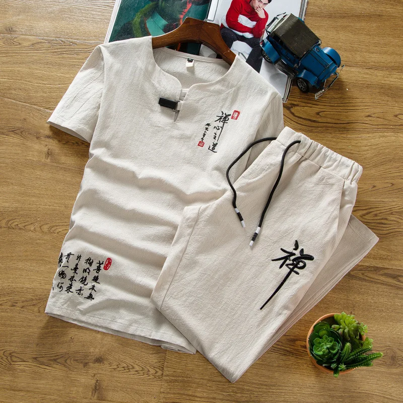

Zogaa 2019 Summer and Autumn New Linen Suit Men's Thin Section Cotton and Linen Short-sleeved T-Shirt Trousers Plug Size M- 6XL