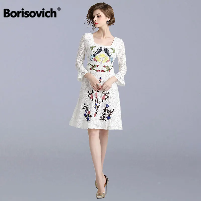 

Borisovich Luxury Lace Women Casual Dress New 2018 Autumn Fashion Floral Embroidery Elegant White Ladies Party Dresses M944