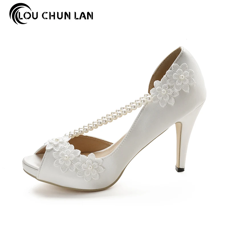 

LOUCHUNLAN Woman Shoes Open Toe Lace Flower Stain String Bead Wedding Shoes High heels Dress Shoes Party Fashion Woman Shoes