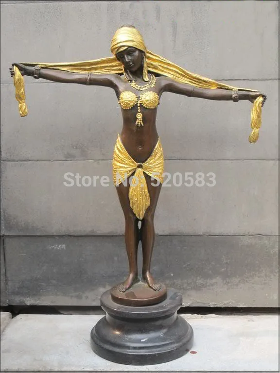

free 12"Signed Bronze Marble ART Statue yellow skirt Belle Wrapped head kerchief fast