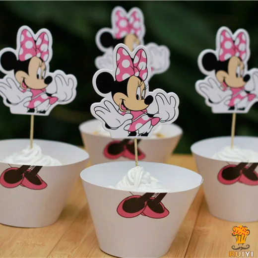 

48pcs Anime Minnie cupcake wrappers toppers picks decoration kids birthday party favors supplies AW-0040