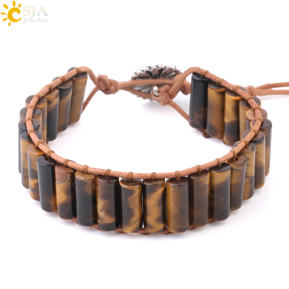 

CSJA Natural Stone Tiger Eye Beaded Weave Bracelet Cylindrical Healing Bead Leather Rope Charm Wrap Bracelets for Women Men F945
