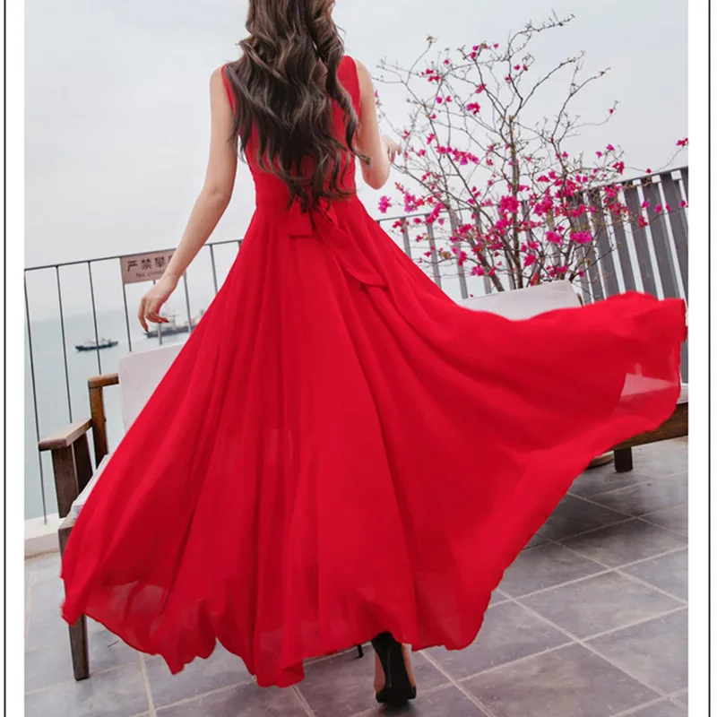 2019 New Summer Beach Dress Women's Fashion Sleeveless V-Beck Red Blue Long Dress Elegant Robes Women's Plus Size 5XL (8)