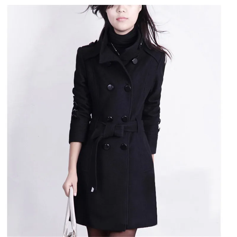 

EYES Spring Women Wool Long Coats OL Office Fashion Sashes Bodycon Black Plus Size Coat 2018