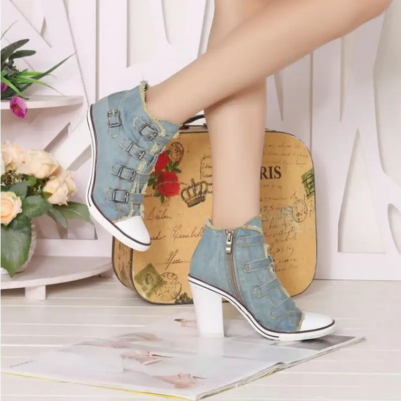 Talons Chaussures Cowboy Denim Haute Casual Décoration Blue Métal Pompes Cheville Canvas Femmes En Hauts Nouveau Mode Automne Toile À Aide De 1qxcXcTCw6