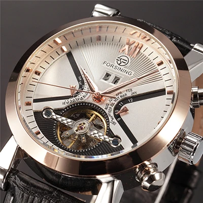 FORSINING Tourbillon wrap мужские часы, автоматические часы, золотой чехол, мужские часы с календарем, черные механические часы, мужские часы - Цвет: Rose Gold White