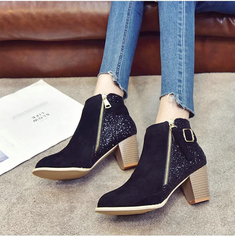 Women's Boots Casual Ankle Boot Lady High Heels Winter Snow Boots Women Genuine Leather Glitter Winter Shoes Women Big Size 43   (6)