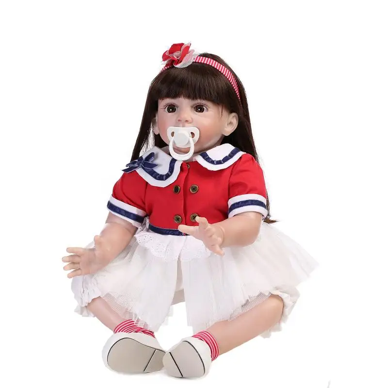 Large size 60CM lifelike girl doll reborn/reborn toddler dolls babies with red dress long hair children doll toys gift bonecas