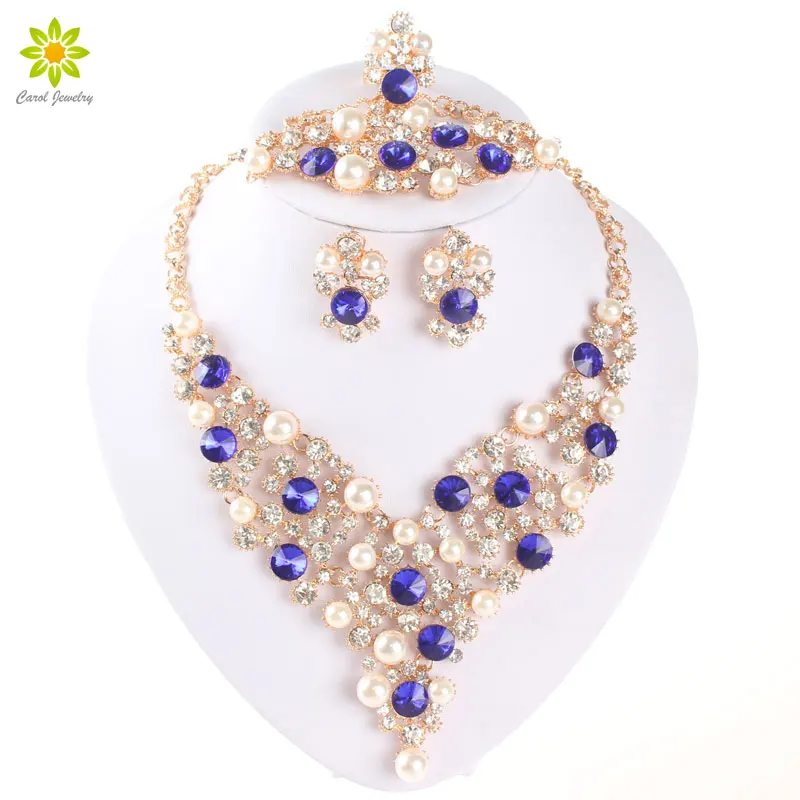 

Classic Simulated Pearl Beads Wedding Party Jewelry Set Fashion Gold Color African Costume Gold Color Crystal Jewelry Sets