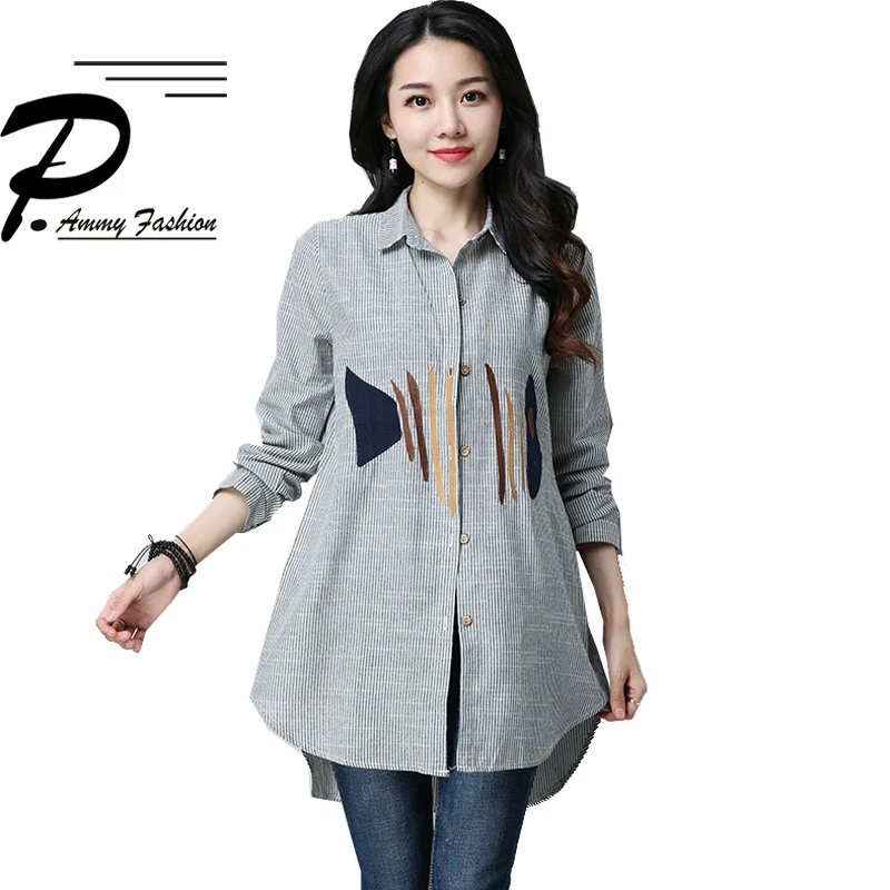 

Women's Cotton & Linen Retro Striped Long Blouse lagenlook Lady voguees Trend long shirts linen tunics Cardigan