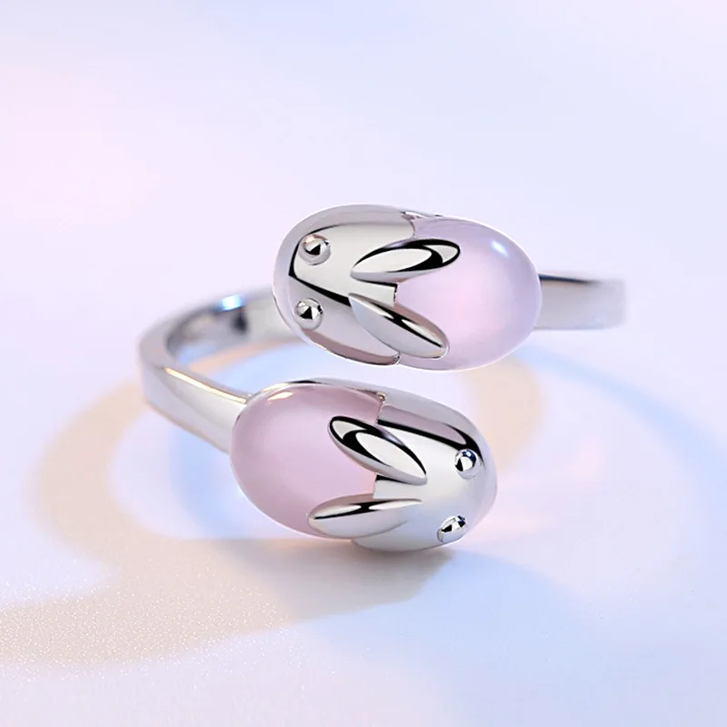 Стерлинговое Серебро 925 пробы, модные женские кольца на палец с натуральным розовым опалом и драгоценным камнем в виде кролика, ювелирные изделия для девушек, кольцо для вечеринки,, не выцветает