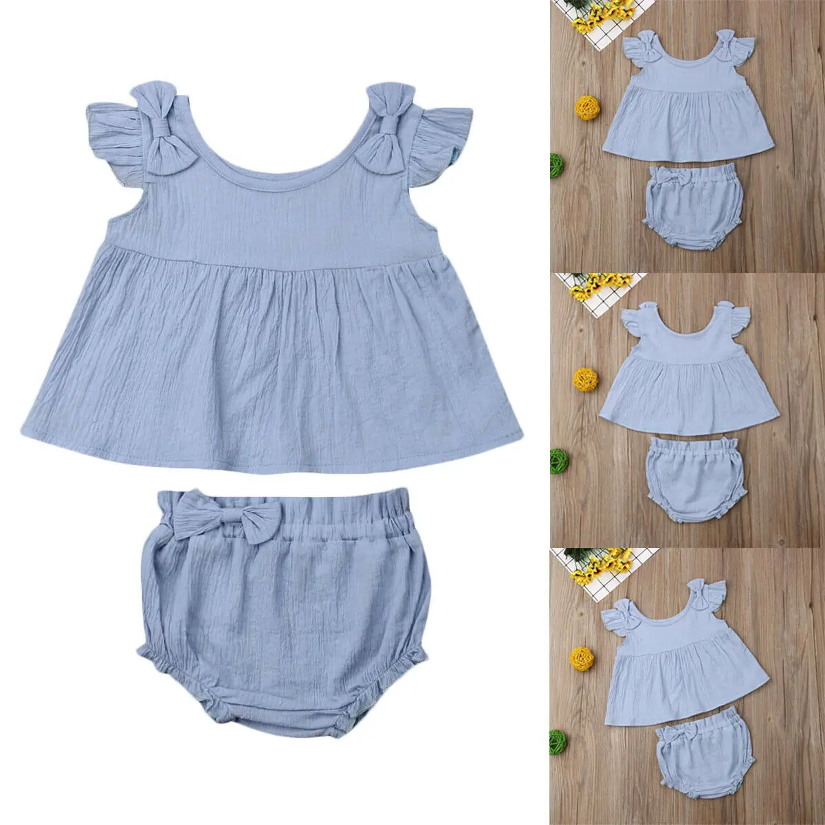 

Newborn Baby Girl Clothes Solid Color Sleeveless Ruffle Bow Tops Short Pants 2pcs Outfits Summer Clothes