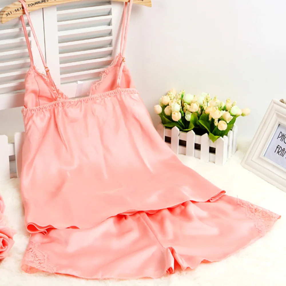 Сексуальная Дамская кружевная атласная Шелковая пижама наборы для женщин с v