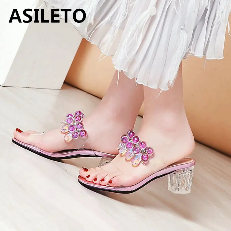 

ASILETO ladies slippers brand transparent shoes clear heels rhinestone female slides summer slippers outdoor beach flip flop