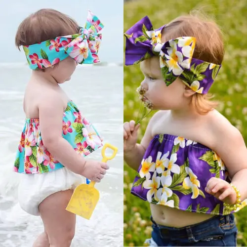 Комплект из 2 предметов с цветочным принтом для маленьких девочек; Топы без бретелек с цветочным рисунком; футболка; комплект одежды