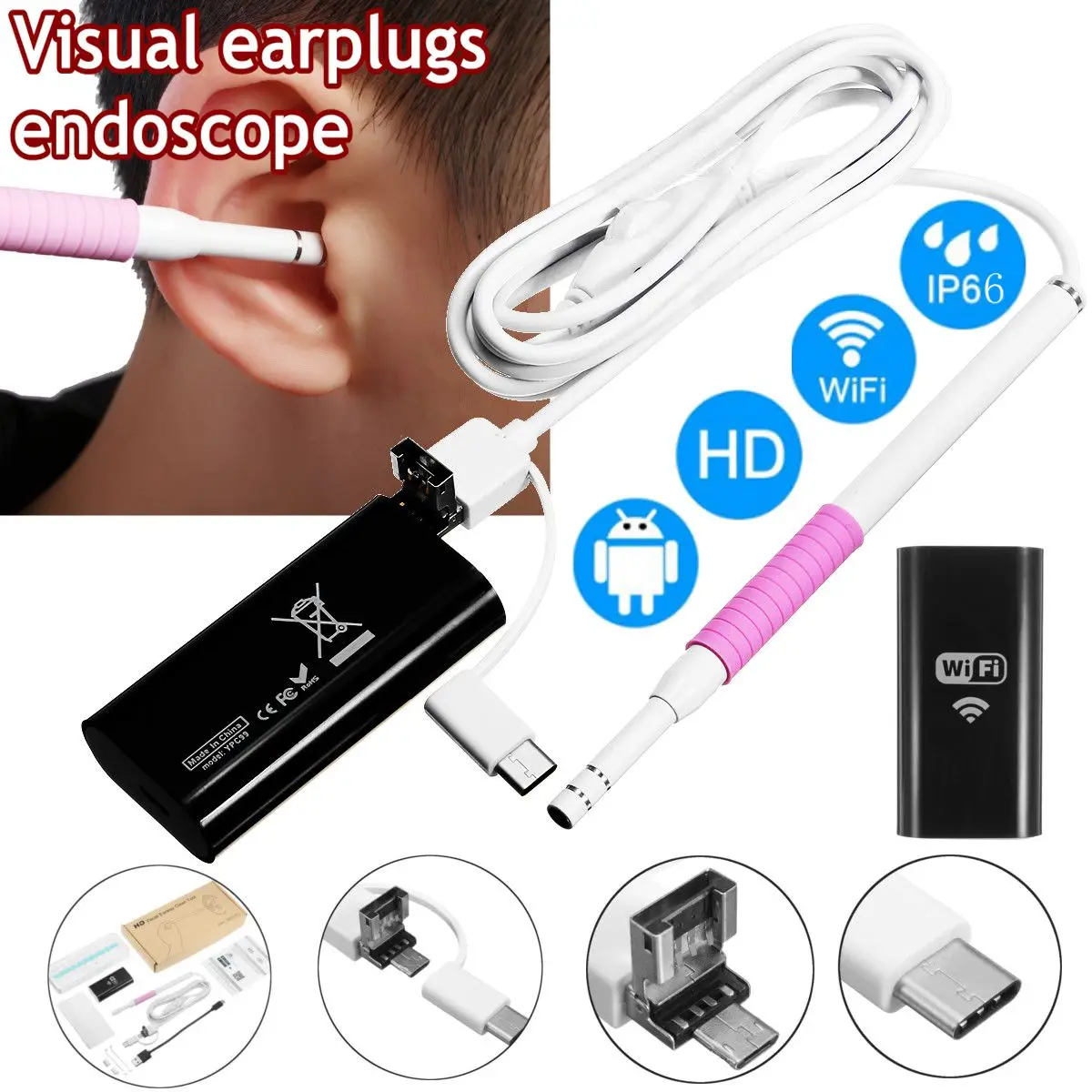 

3 in 1 WIFI Ear Cleaning USB Endoscope Visual Ear Spoon Earpick Otoscope Camera Black White