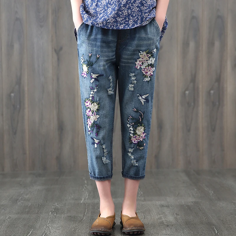 

2019 Chinese Style Female Elastic waist embroidery Denim Pants jeans Wind vintage Loose Casual Denim Trousers harem Pants