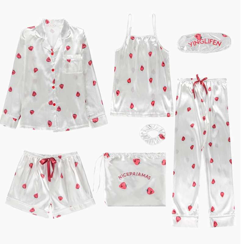 Весенне-летний комплект из 7 предметов, шелковые элегантные женские Пижамы, шорты с принтом, Топ с длинным рукавом, штаны с эластичной резинкой на талии, одежда для сна