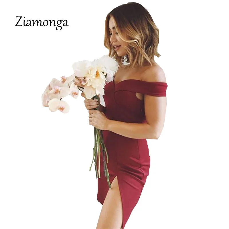 Ziamonga, женское элегантное сексуальное платье с открытыми плечами, тонкие вечерние платья для клуба,, Осеннее облегающее короткое платье-карандаш с разрезом, Vestidos