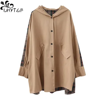 

UHYTGF Autumn Trench Coat for Women Streetwear Coats Loose wild hood Cardigan Female Plus Size Medium long trench coats X299
